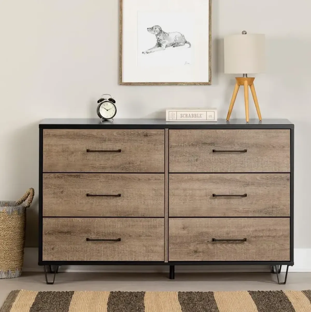 Arlen Weathered Oak and Matte Black 6 Drawer Dresser - South Shore