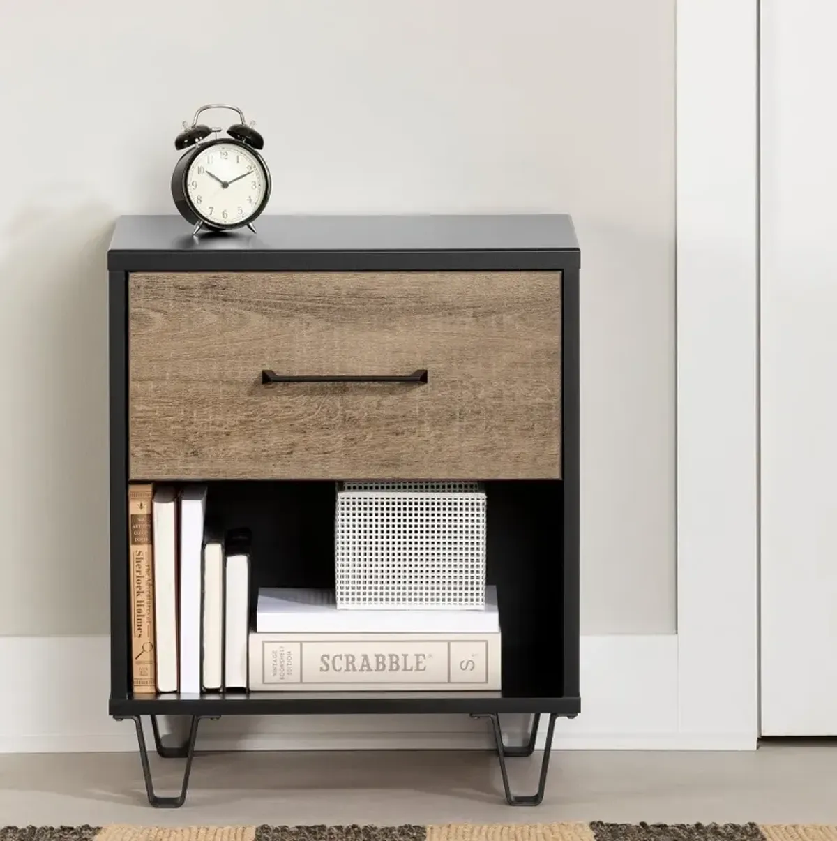 Arlene Weathered Oak and Matte Black Nightstand - South Shore