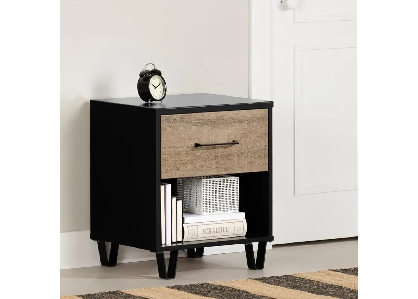 Arlene Weathered Oak and Matte Black Nightstand - South Shore