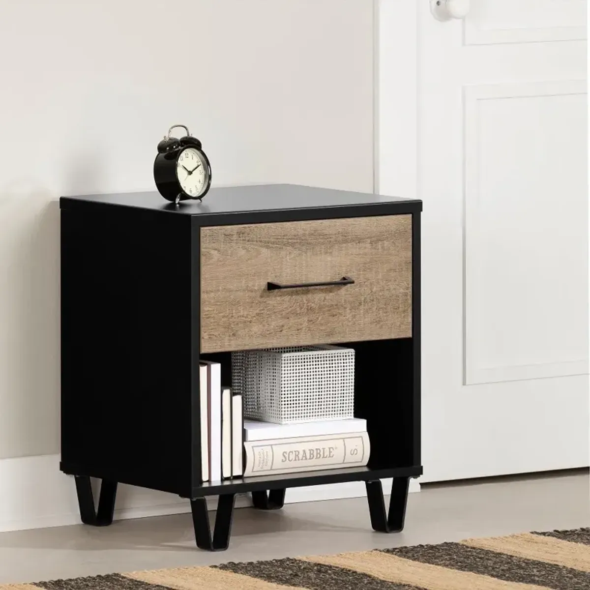 Arlene Weathered Oak and Matte Black Nightstand - South Shore