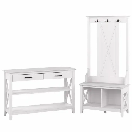 Key West White Oak Hall Tree with Shoe Bench and Console Table -...