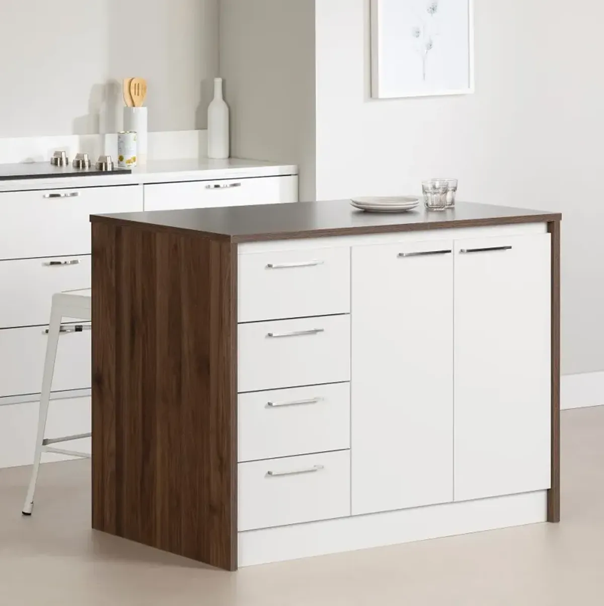 Myro Natural White and Walnut Kitchen Island - South Shore