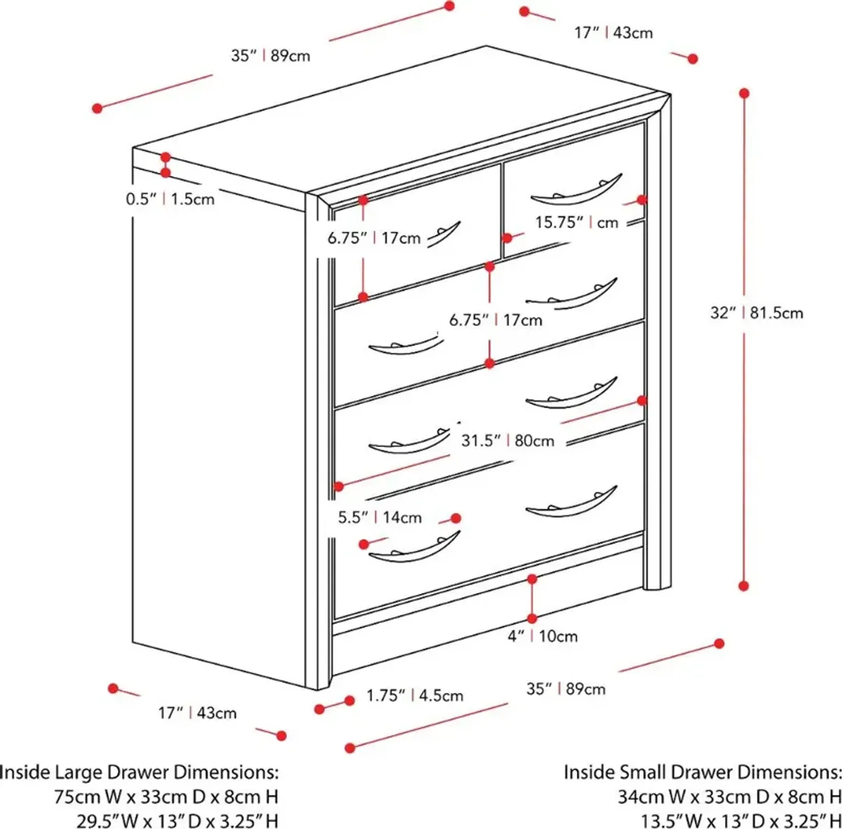 Newport Contemporary Black Five Drawer Dresser