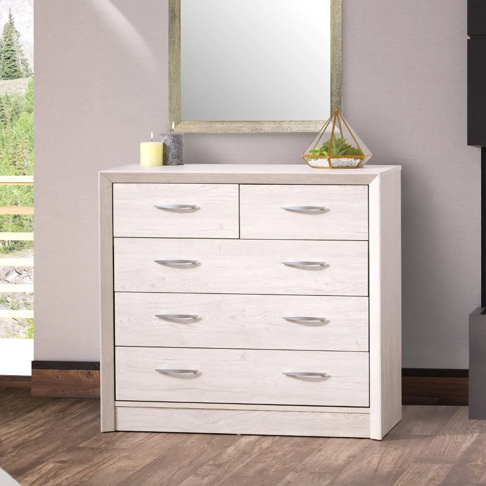 Newport Contemporary White Washed Oak Five Drawer Dresser