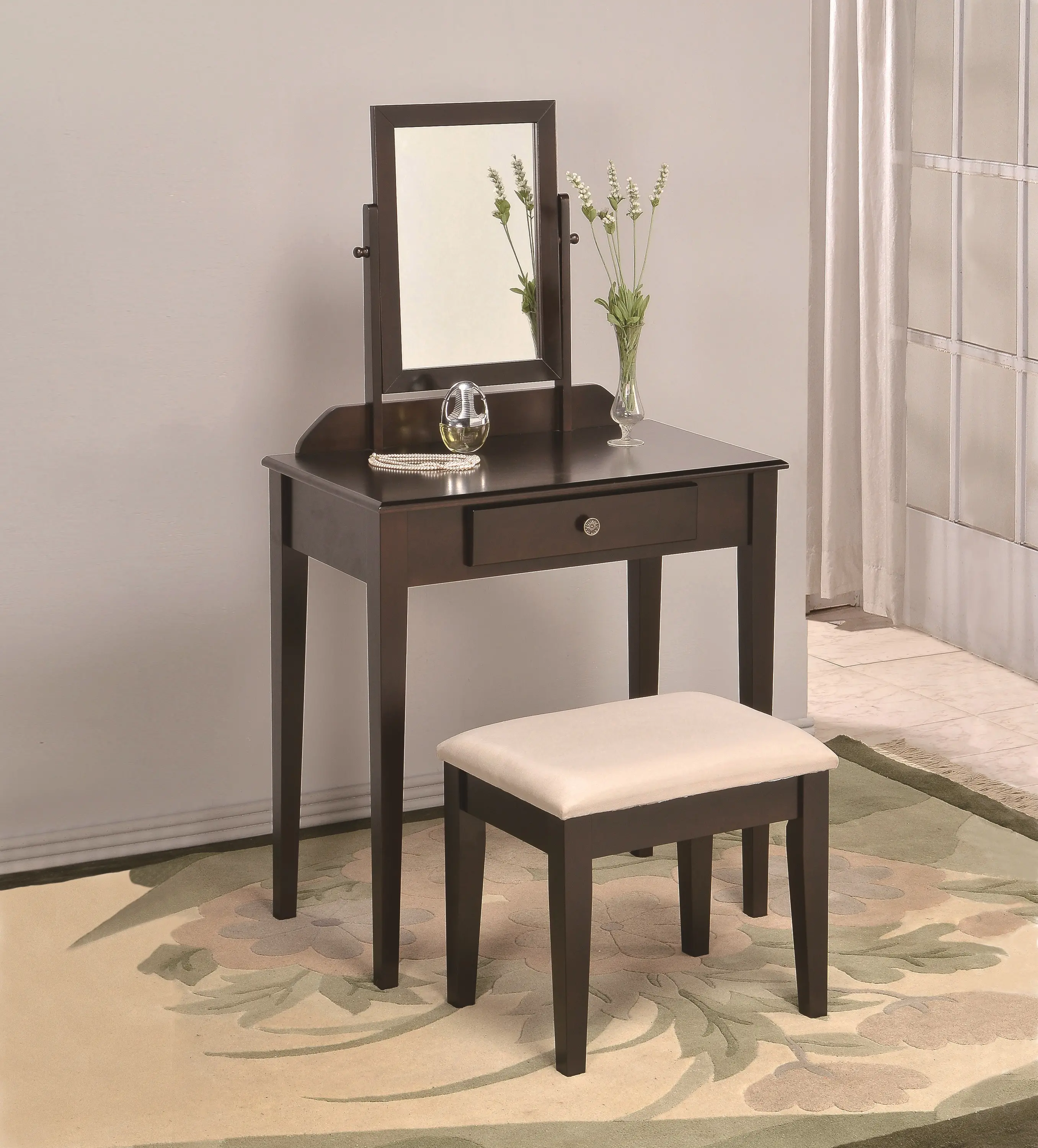 Iris Espresso Vanity Table and Stool Set