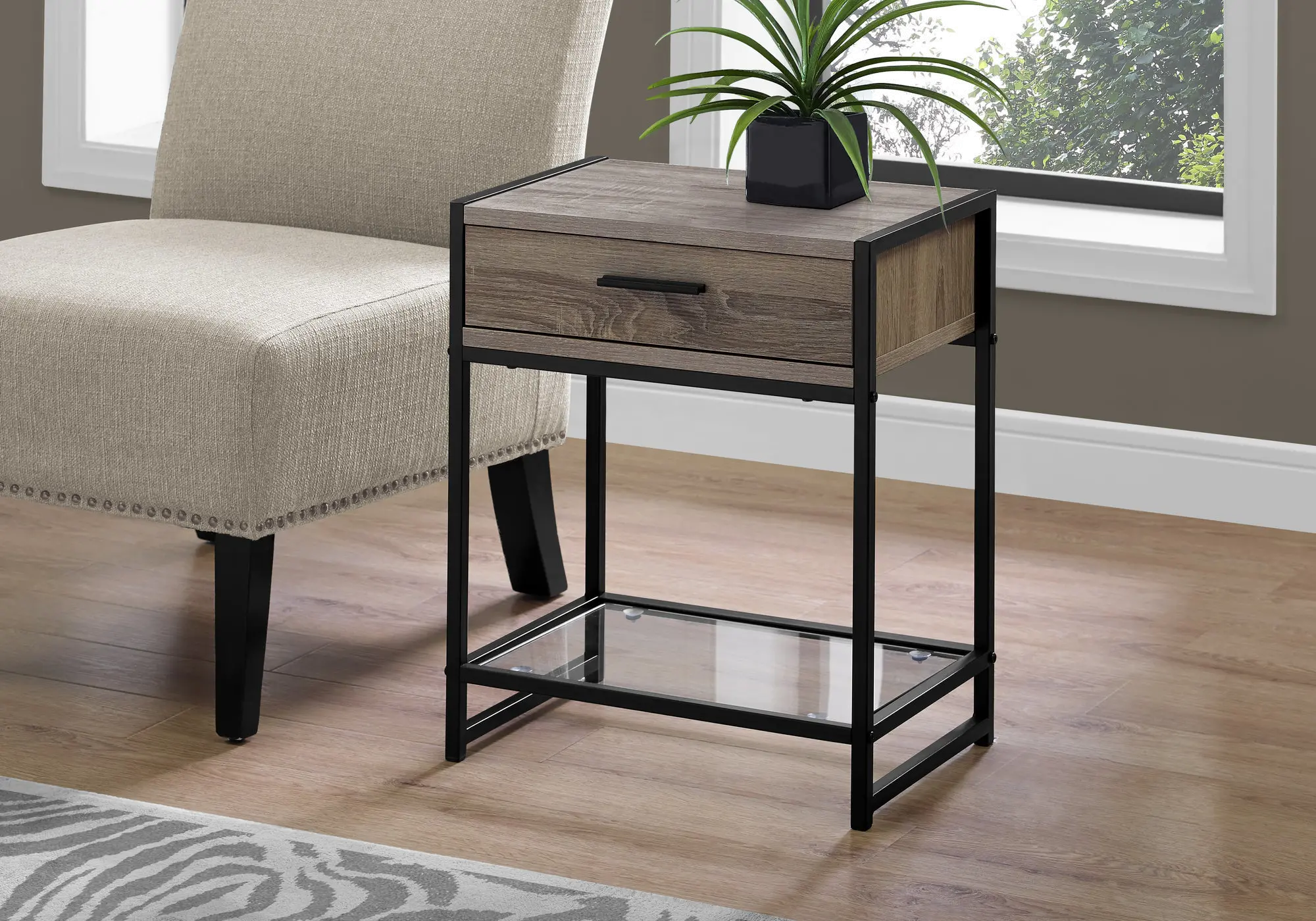 Industrial Taupe One Drawer Accent Table