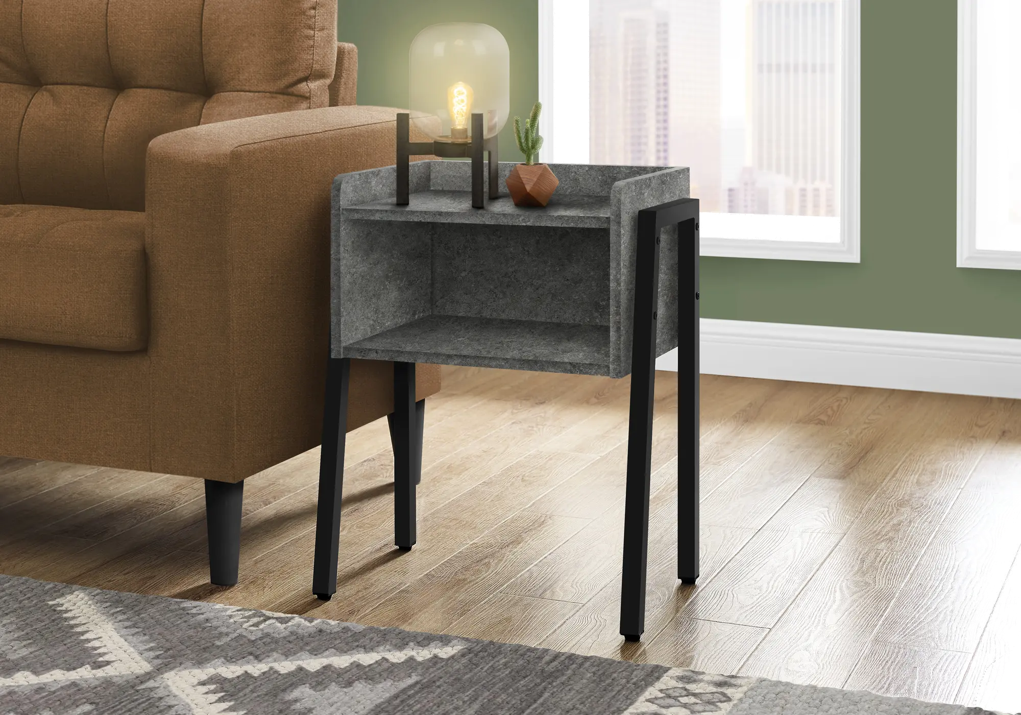 Industrial Grey Stone-Look Storage Cubby Accent Table