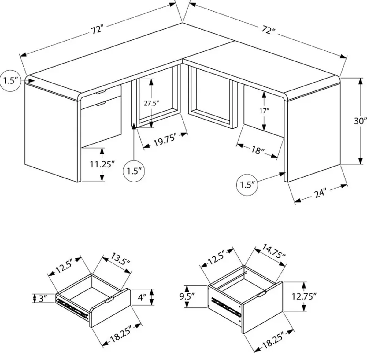 Modern 72 Inch Glossy White Computer L-Desk