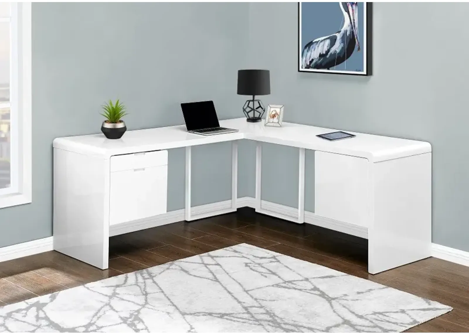 Modern 72 Inch Glossy White Computer L-Desk