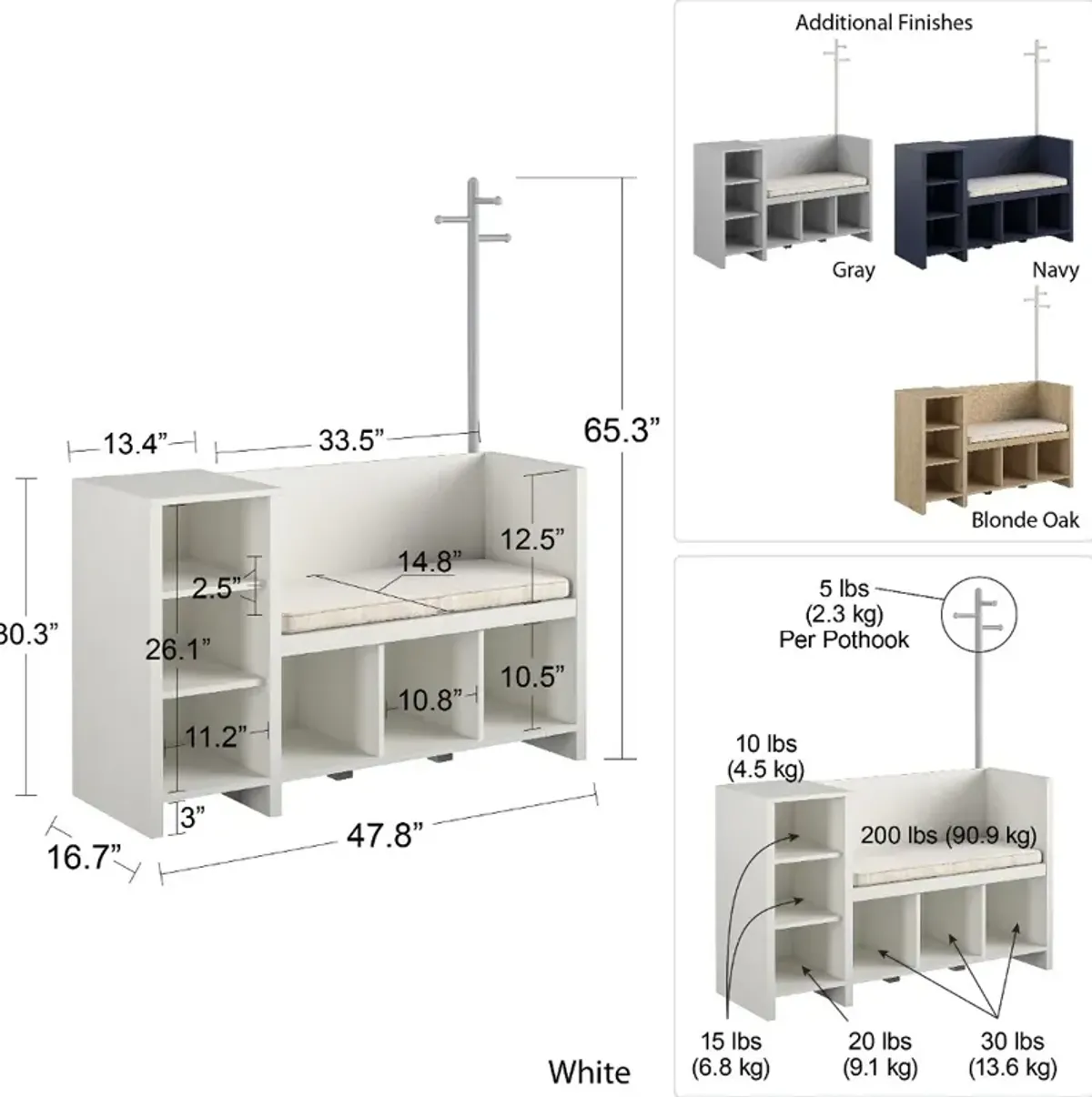 Tyler Kids White Storage Bench and Coat Rack