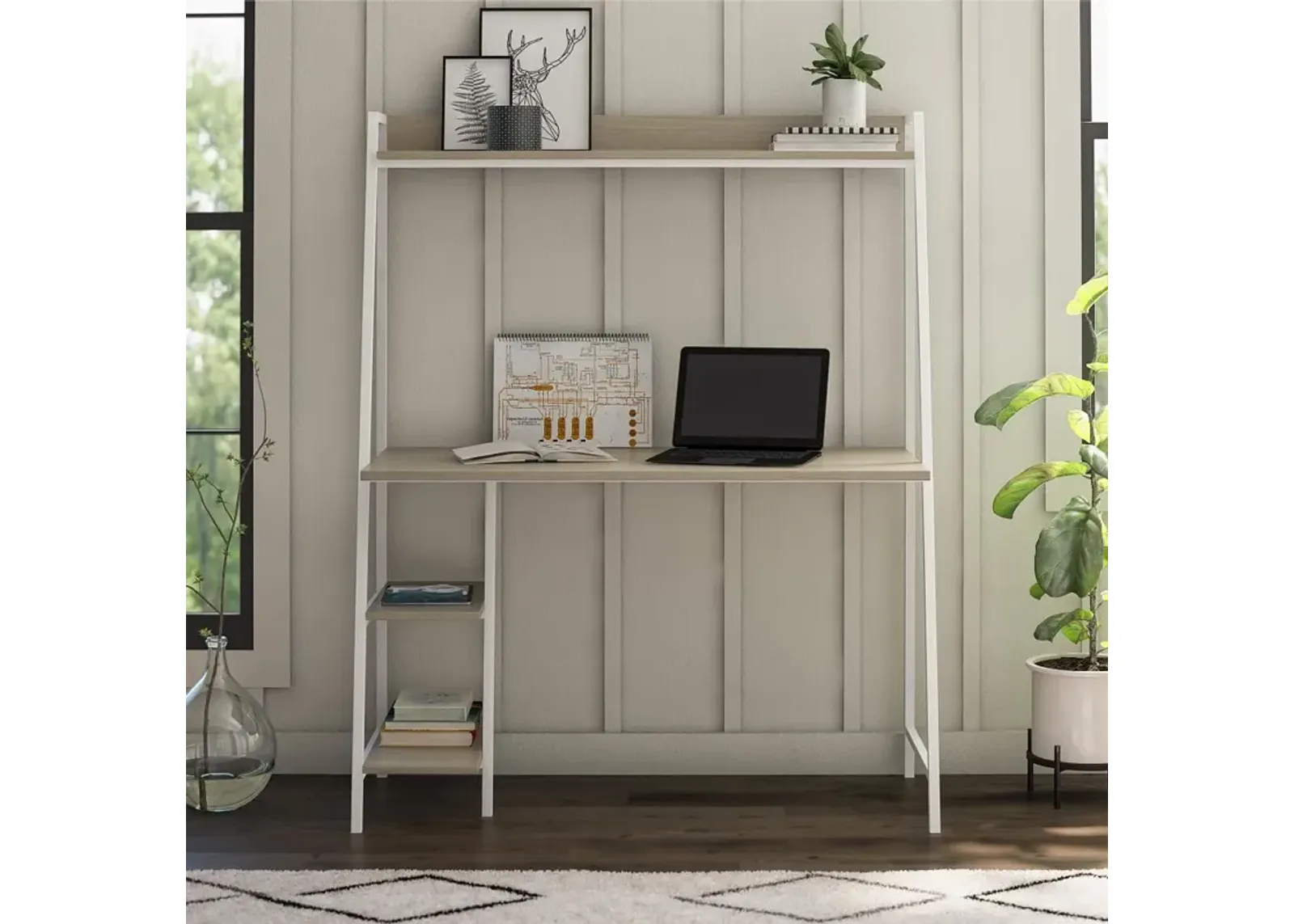 Bushwick Transitional Pale Oak and White Metal Ladder Desk