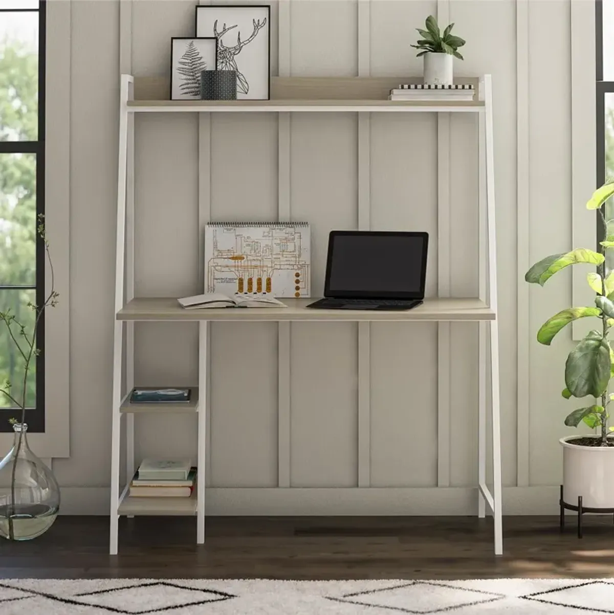 Bushwick Transitional Pale Oak and White Metal Ladder Desk