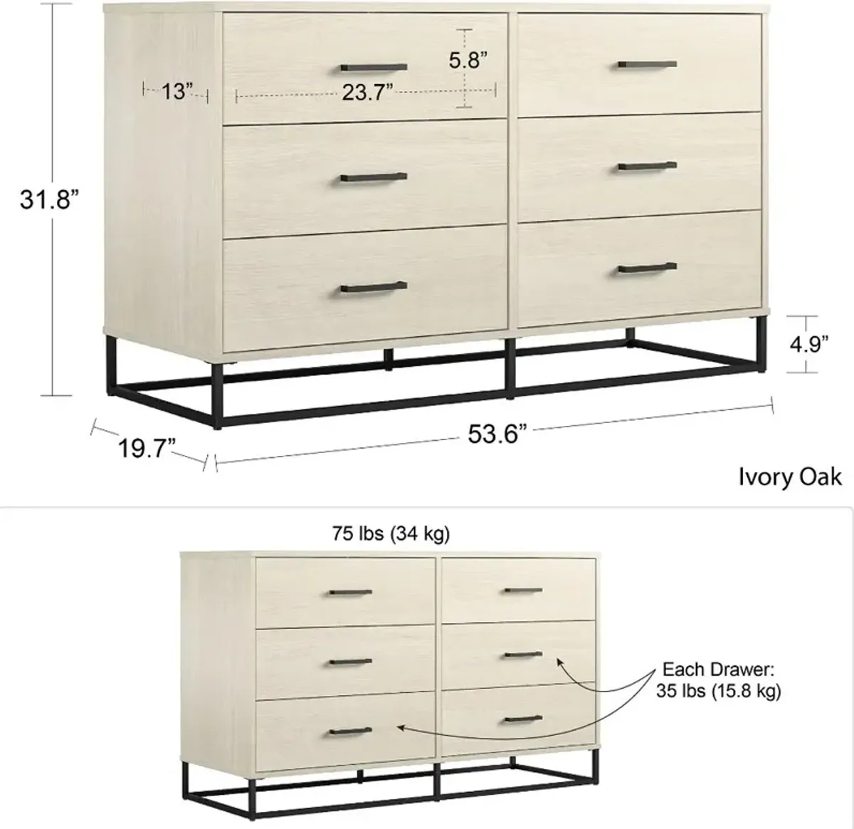 Kelly Transitional Rattan and Black Oak 6-Drawer Dresser