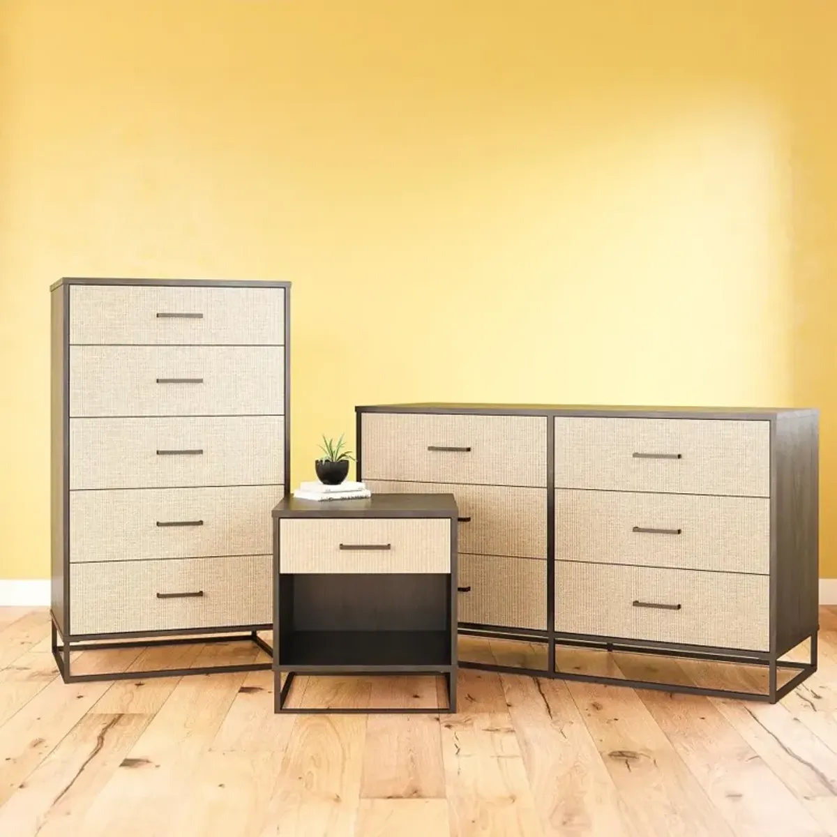 Kelly Transitional Rattan and Black Oak 6-Drawer Dresser