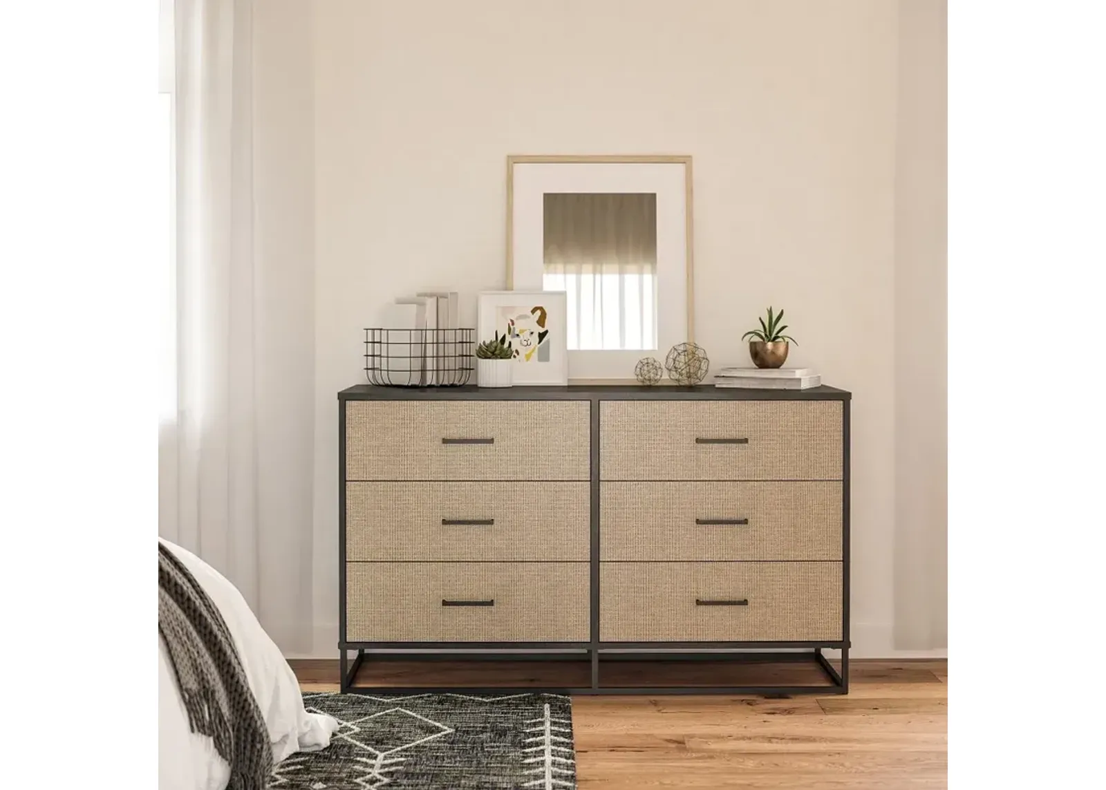 Kelly Transitional Rattan and Black Oak 6-Drawer Dresser