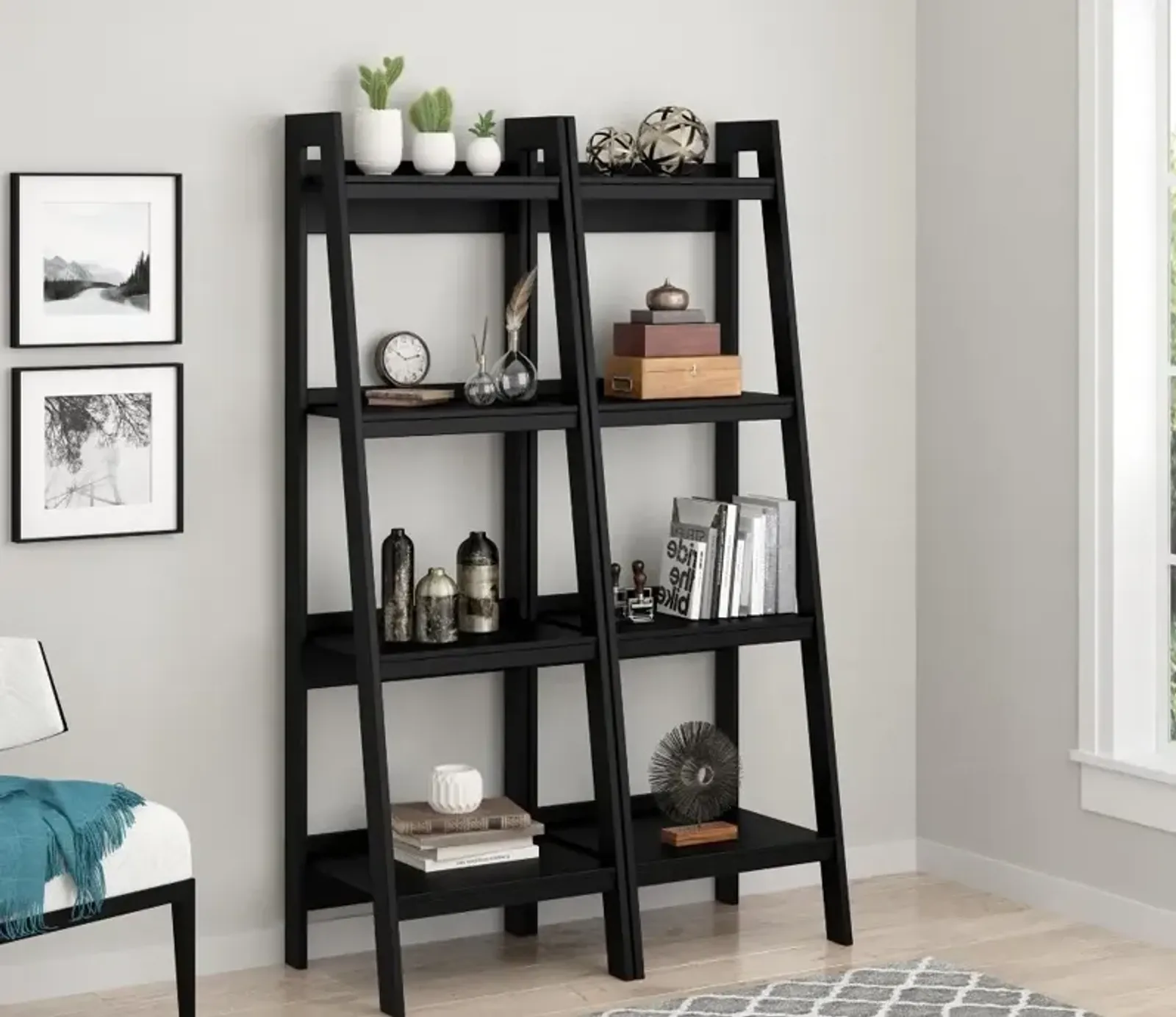 Lawrence Black 4-Shelf Ladder Bookcases, Set of 2