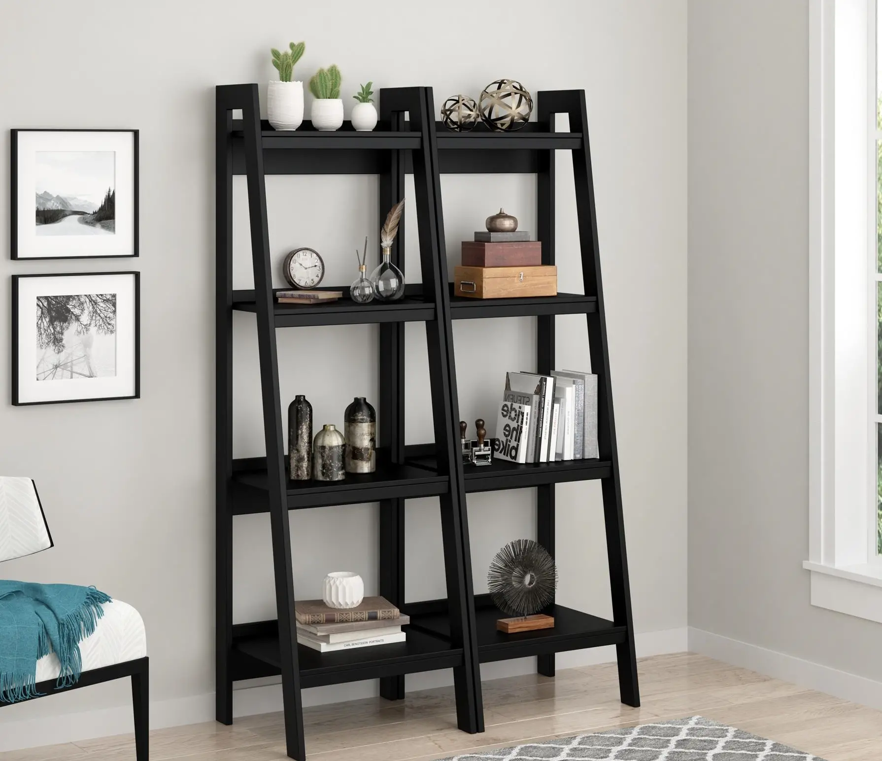 Lawrence Black 4-Shelf Ladder Bookcases, Set of 2