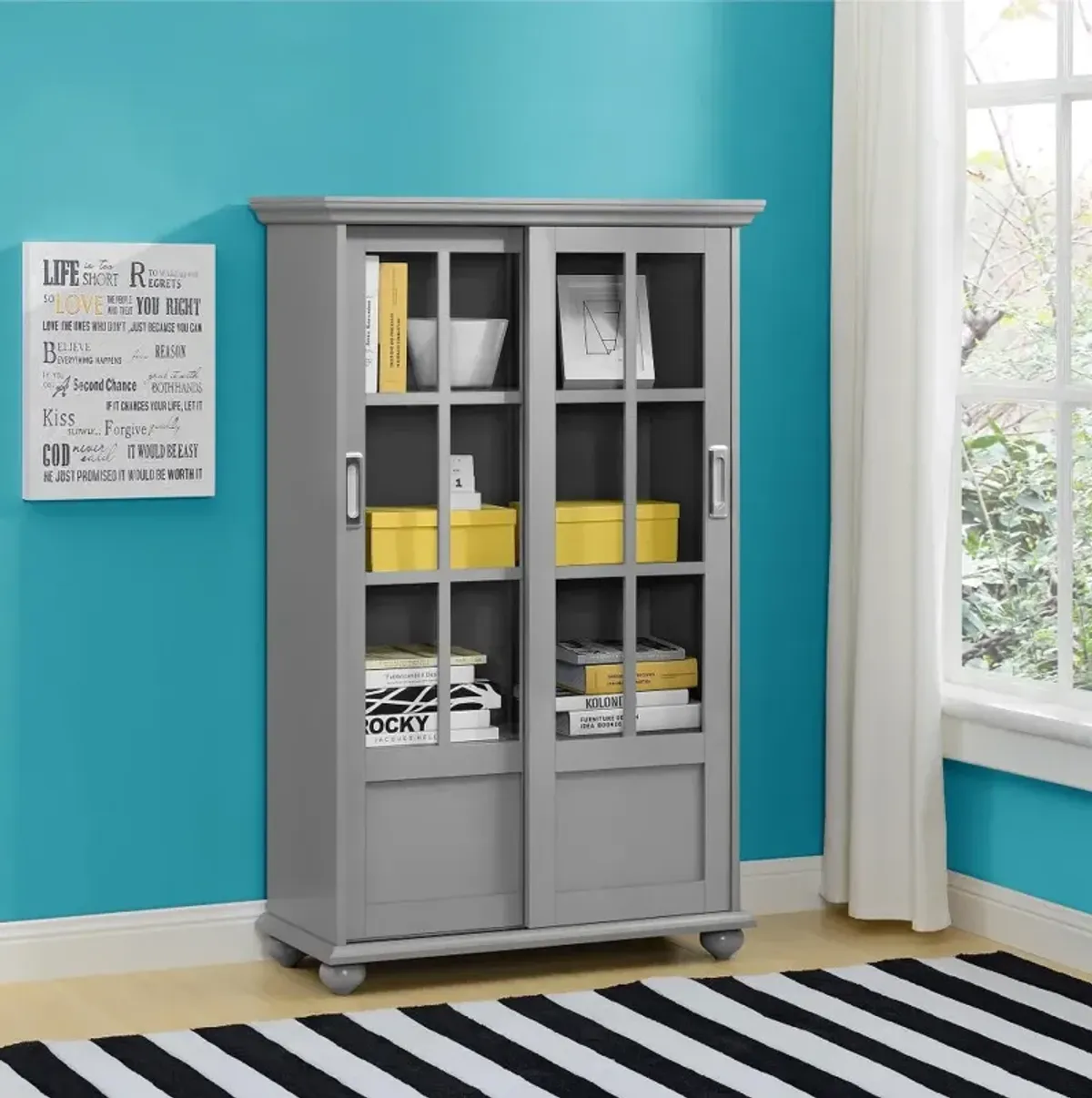 Aaron Lane Gray Bookcase with Sliding Glass Doors