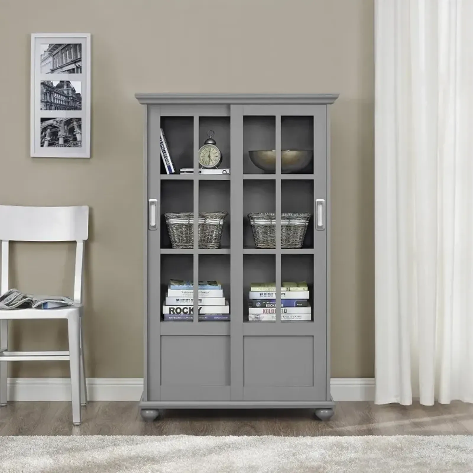 Aaron Lane Gray Bookcase with Sliding Glass Doors