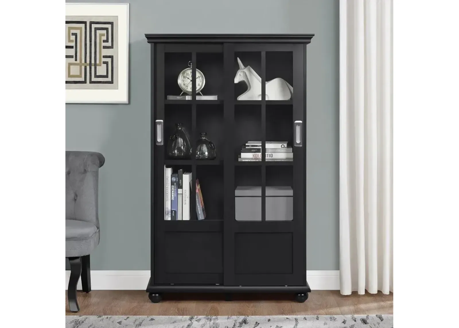 Aaron Lane Black Bookcase with Sliding Glass Doors