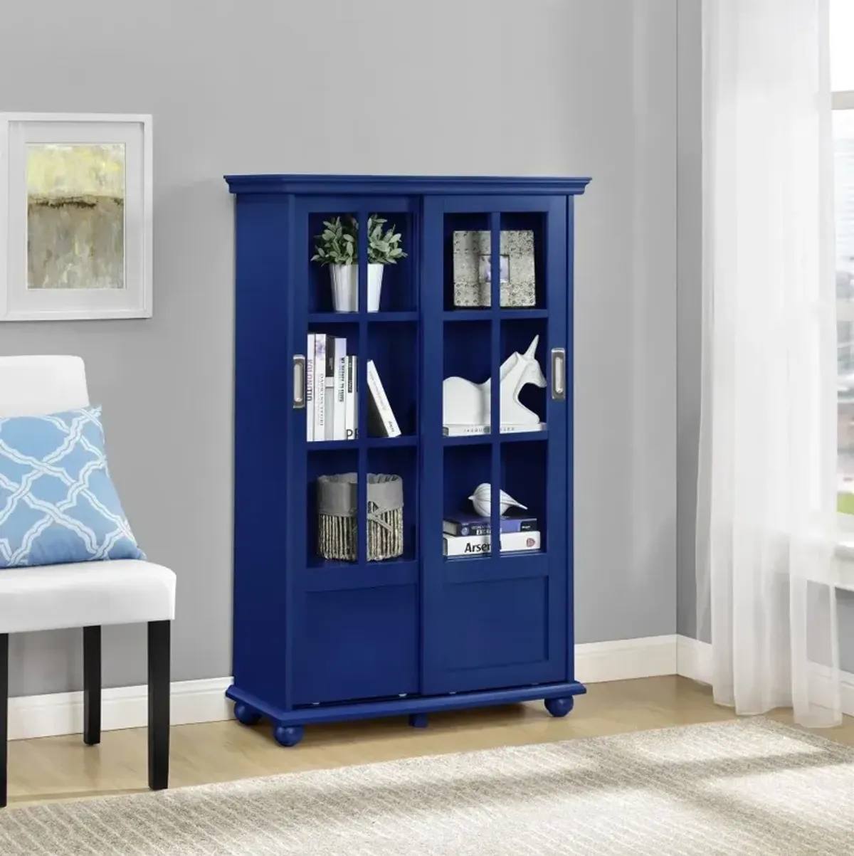 Aaron Lane Blue Bookcase with Sliding Glass Doors