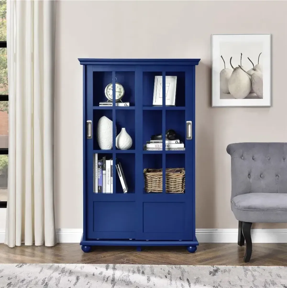 Aaron Lane Blue Bookcase with Sliding Glass Doors