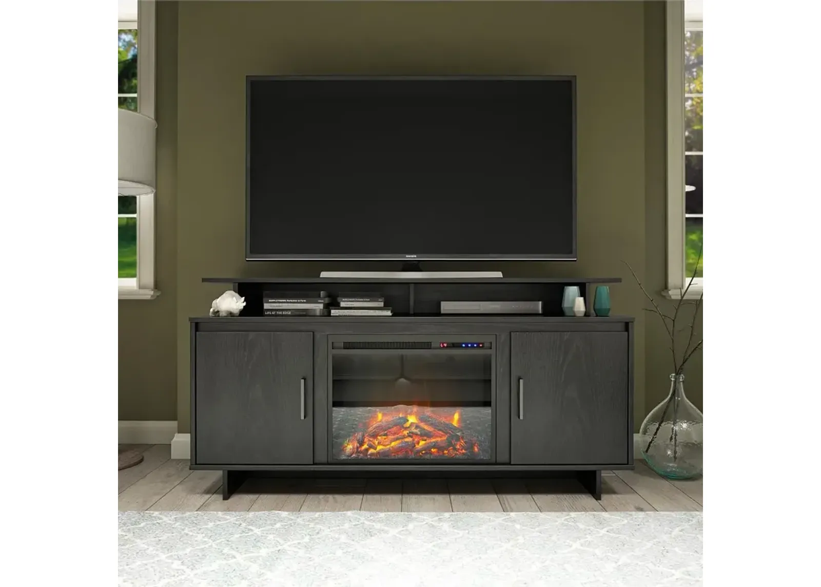 Merritt Avenue Transitional Black Oak Electric Fireplace TV Stand...