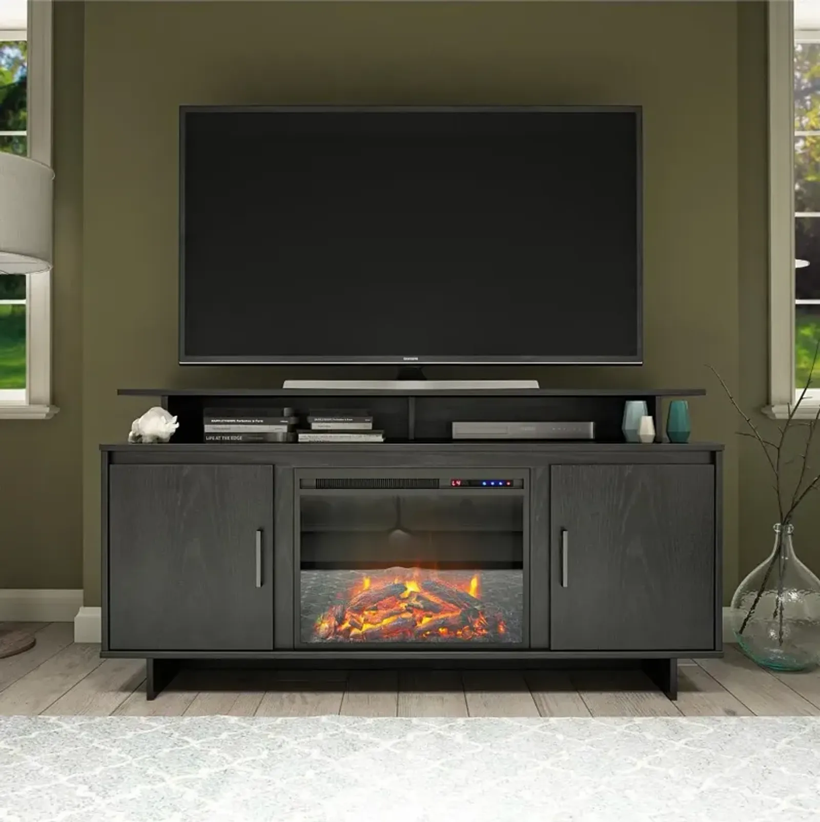 Merritt Avenue Transitional Black Oak Electric Fireplace TV Stand...