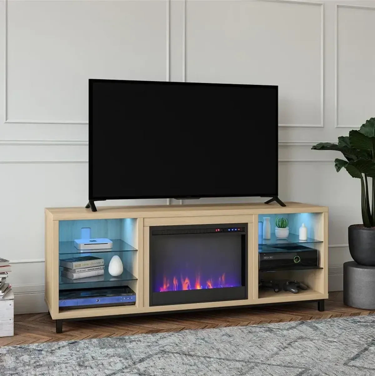 Lumina Modern Blonde Oak Deluxe Fireplace TV Stand