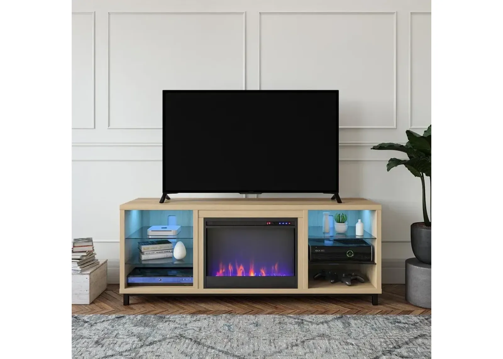 Lumina Modern Blonde Oak Deluxe Fireplace TV Stand