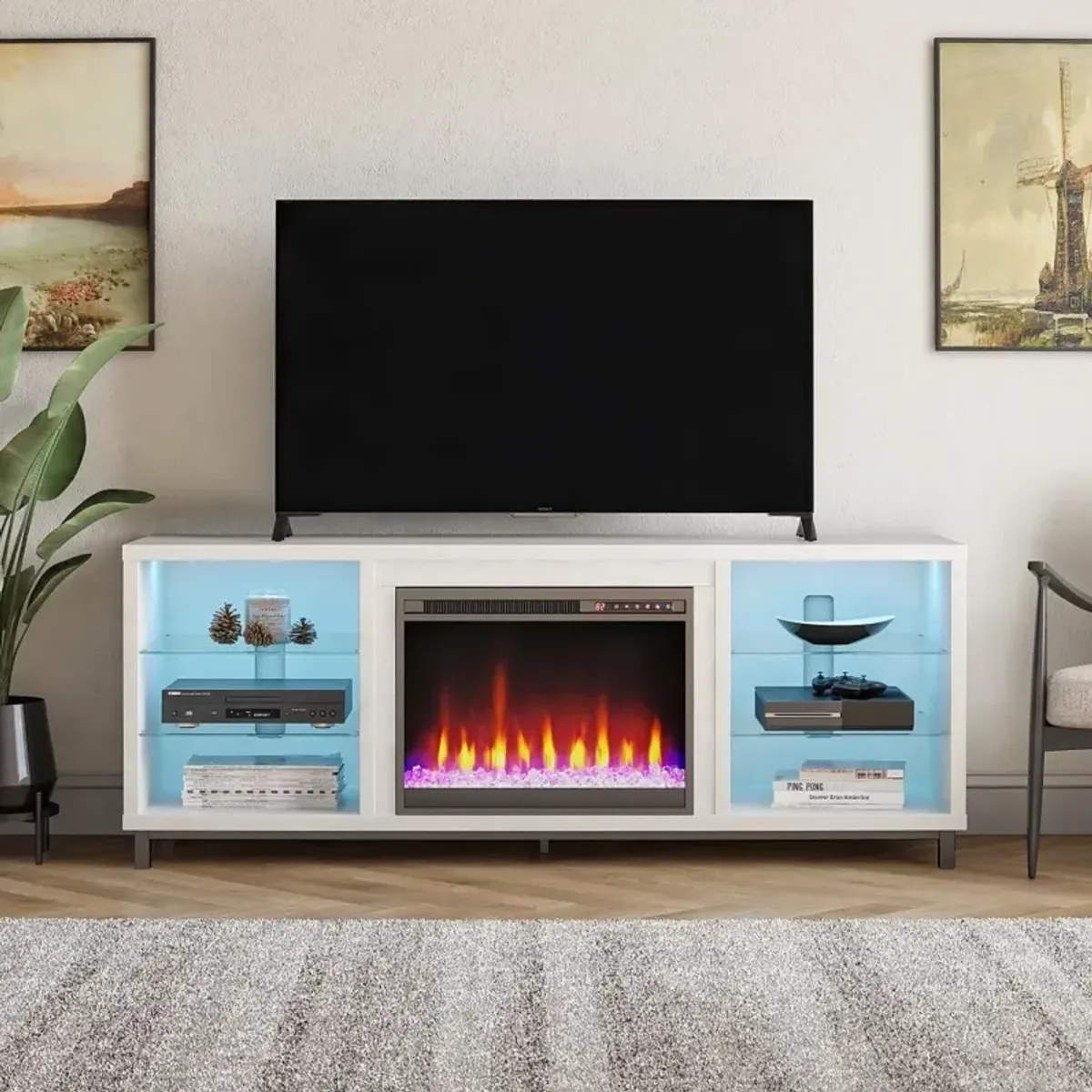 Lumina Modern White Plaster Deluxe Fireplace TV Stand