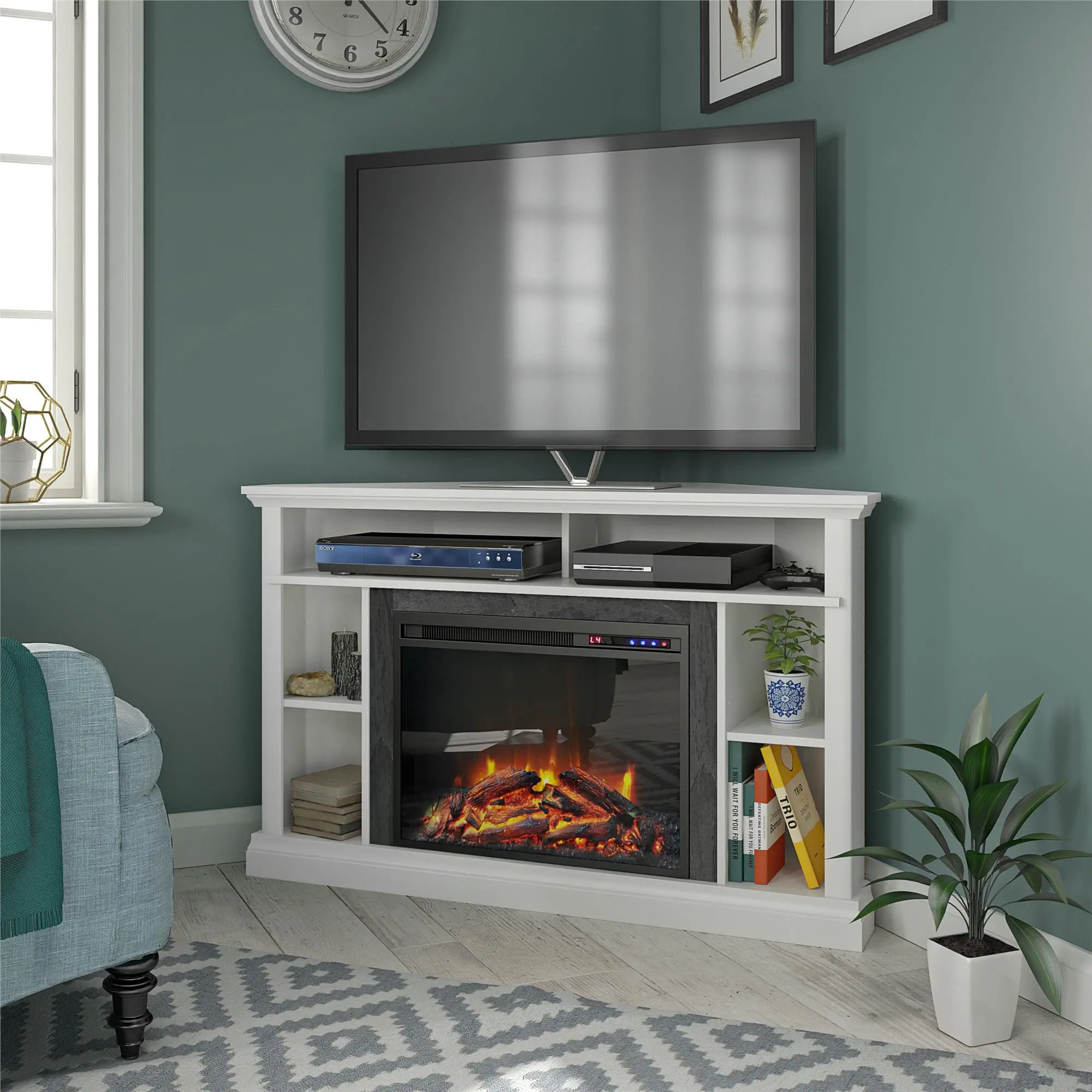 Overland White 50" Corner Fireplace TV stand