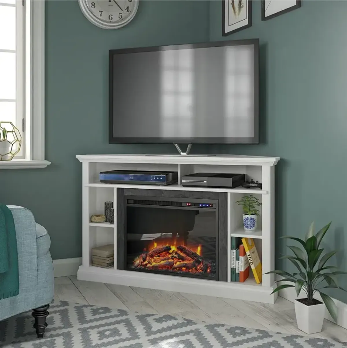 Overland White 50" Corner Fireplace TV stand