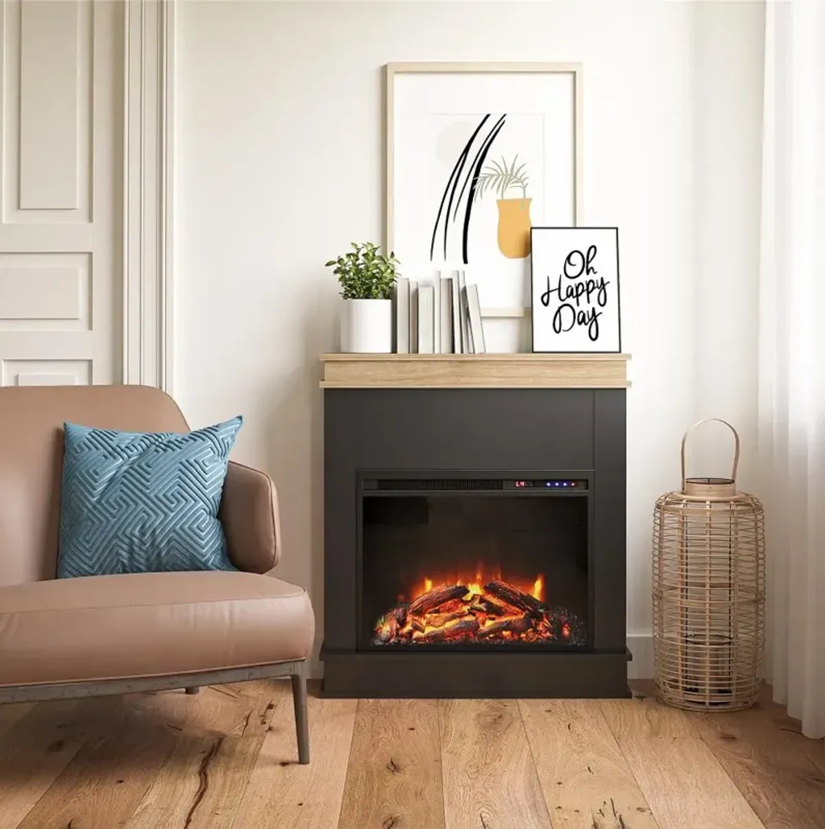 Mateo Black Fireplace with Natural Mantel