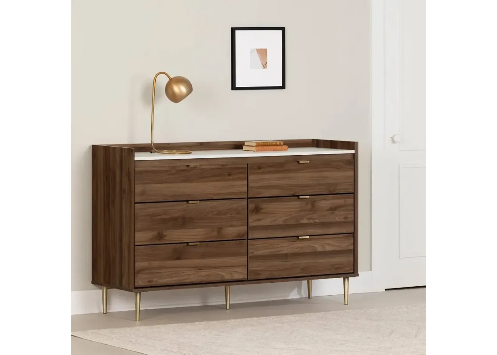 Hype Walnut and Faux Carrara Marble 6-Drawer Dresser - South Shore