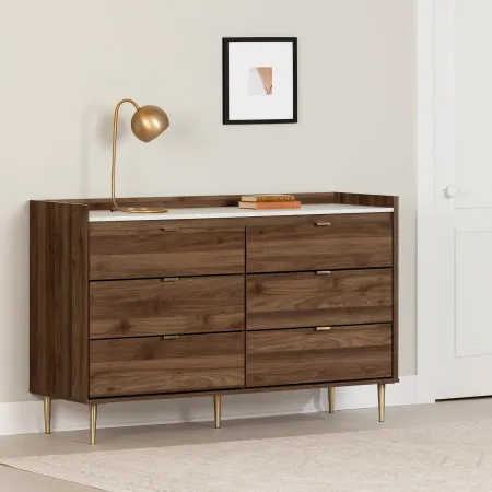 Hype Walnut and Faux Carrara Marble 6-Drawer Dresser - South Shore