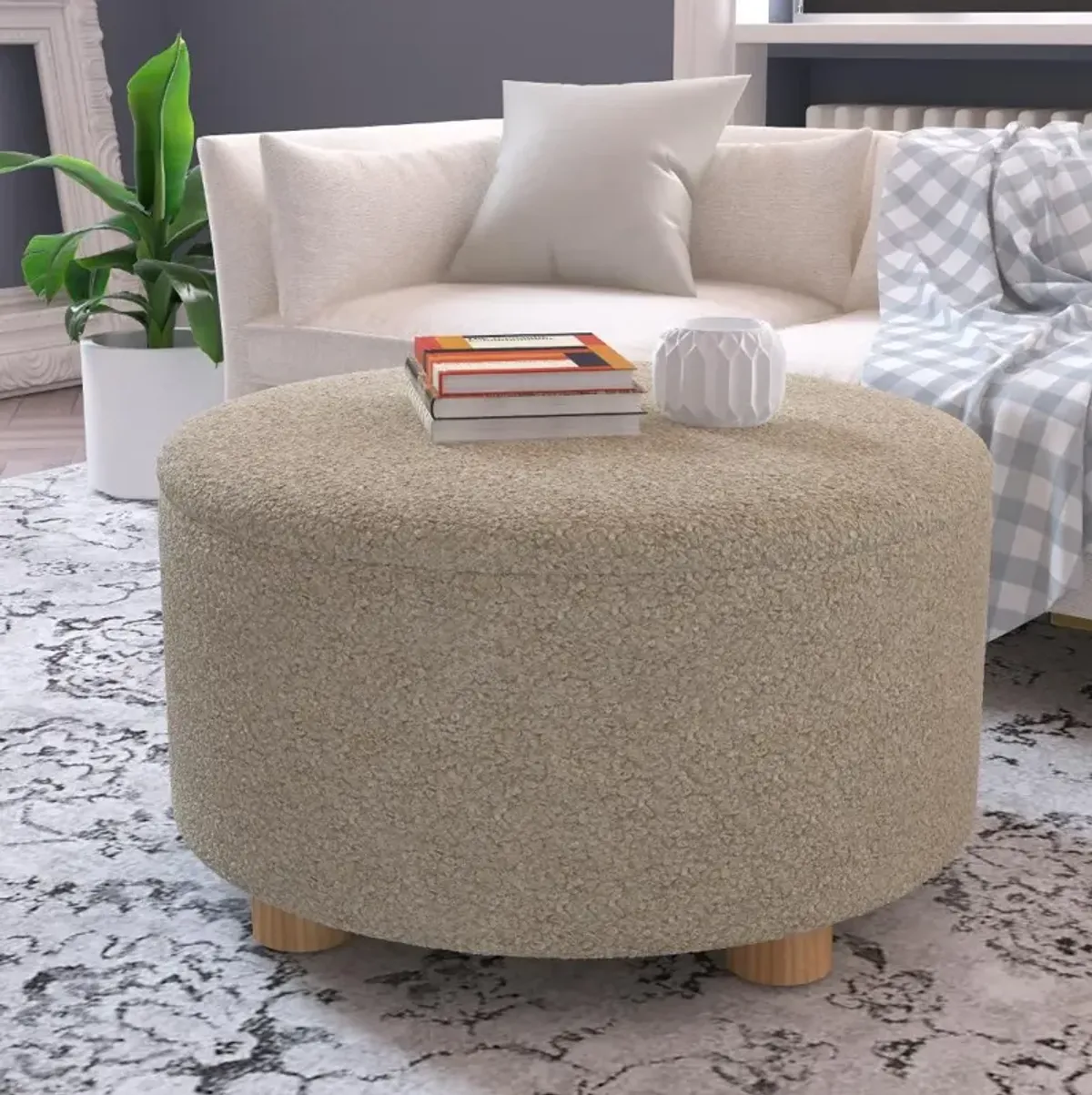 Boucl Beige Storage Ottoman - Skyline Furniture