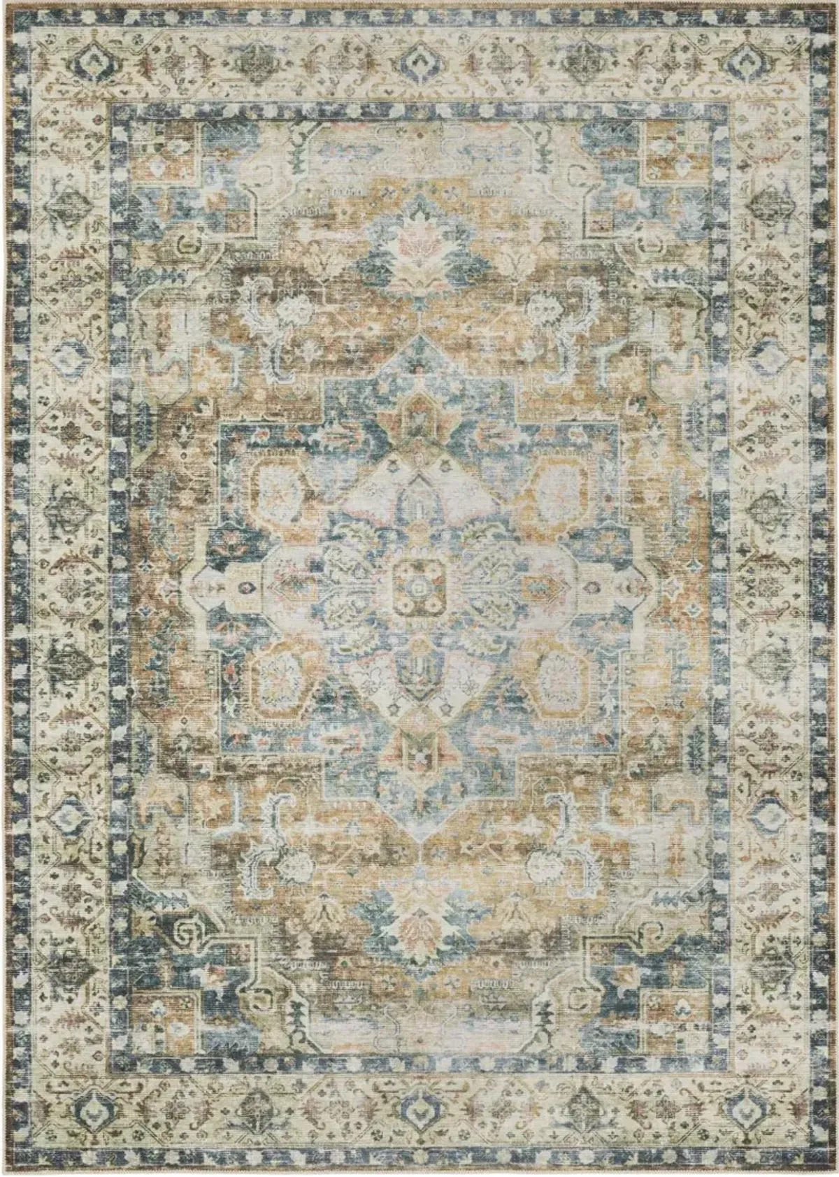 Charleston 2 x 8 Blue and Gold Washable Runner Rug
