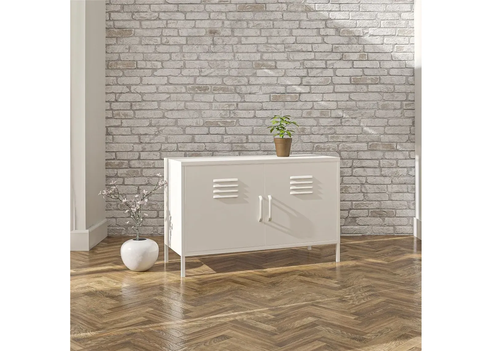 Mission White 2 Door Metal Locker Accent Cabinet