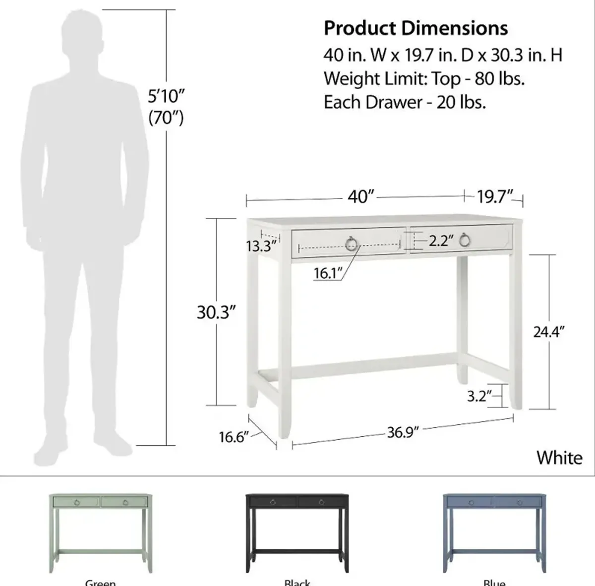 Her Majesty Blue 2 Drawer Writing Desk