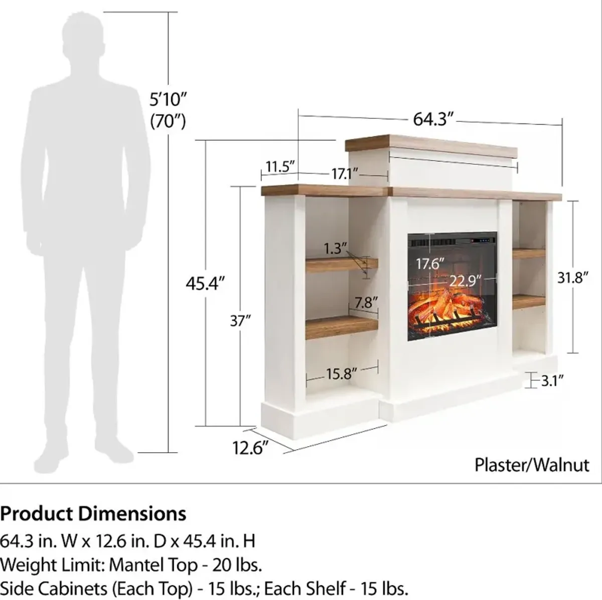 Gateswood White Electric Fireplace with Mantel and Bookcase