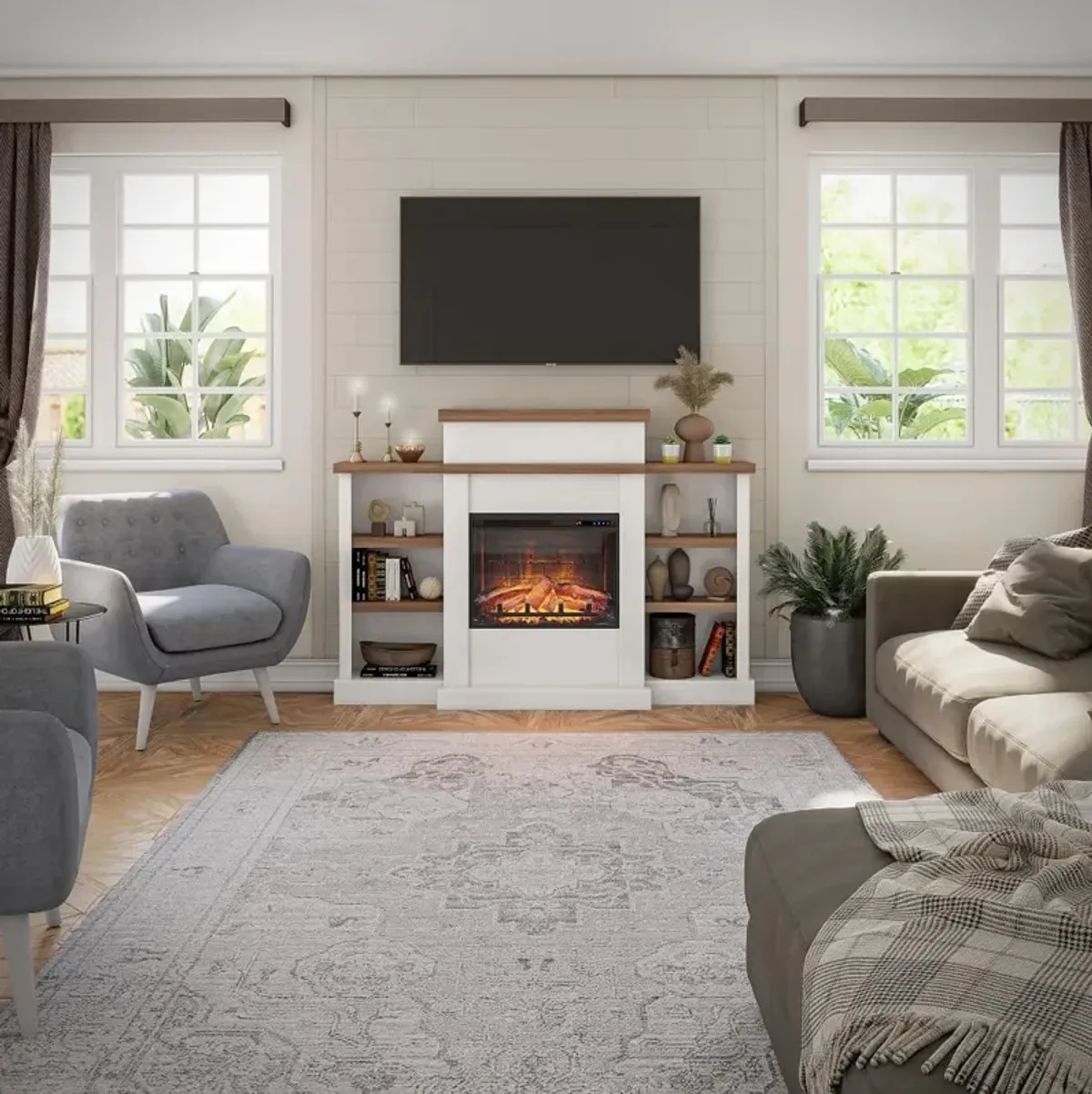 Gateswood White Electric Fireplace with Mantel and Bookcase