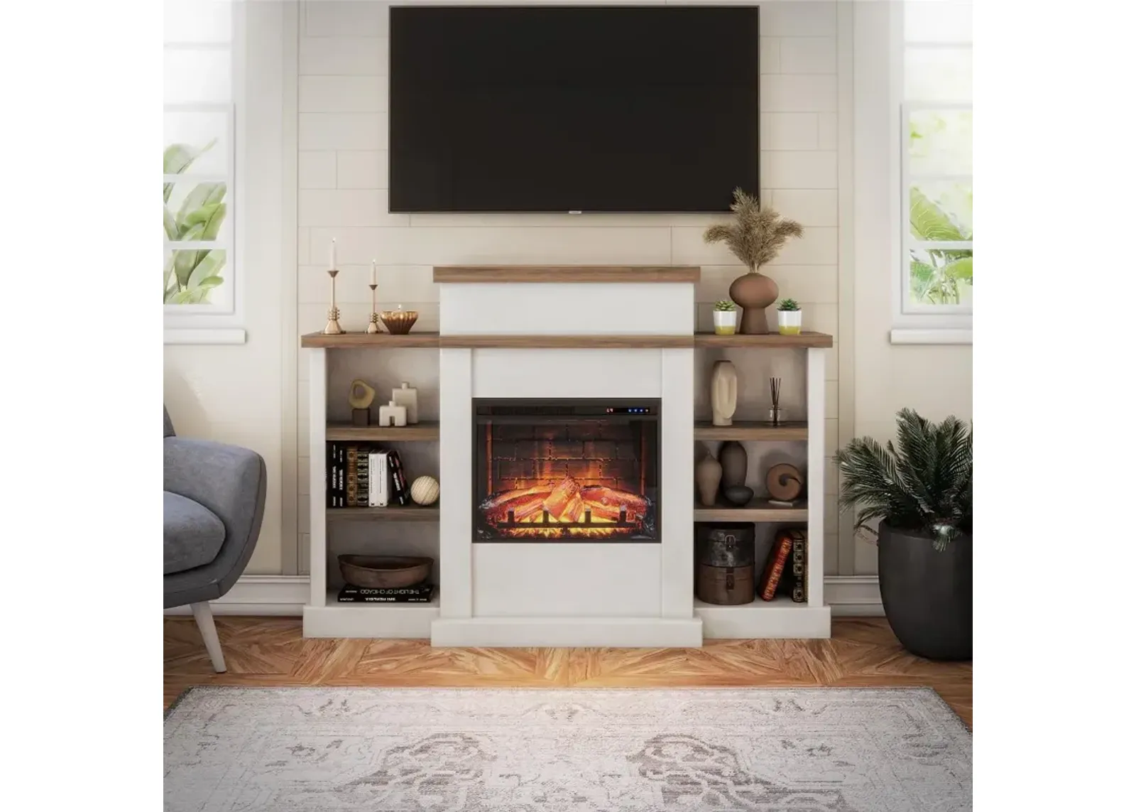 Gateswood White Electric Fireplace with Mantel and Bookcase