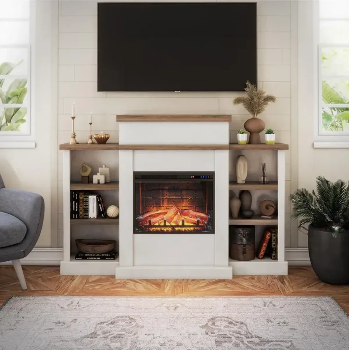 Gateswood White Electric Fireplace with Mantel and Bookcase