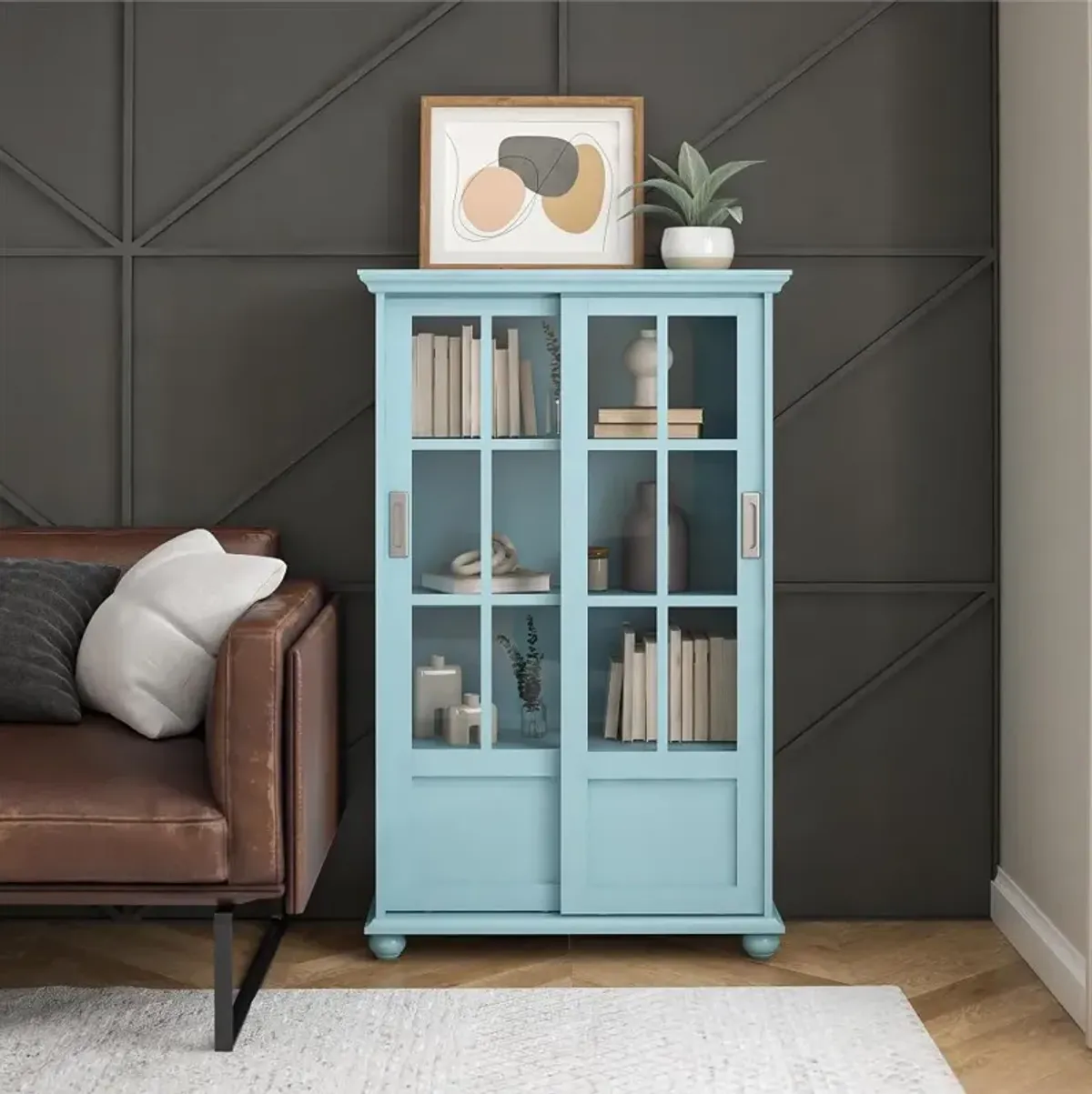 Aaron Lane Light Blue Bookcase with Sliding Glass Doors