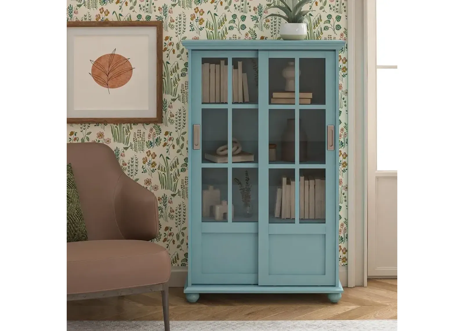 Aaron Lane Light Blue Bookcase with Sliding Glass Doors