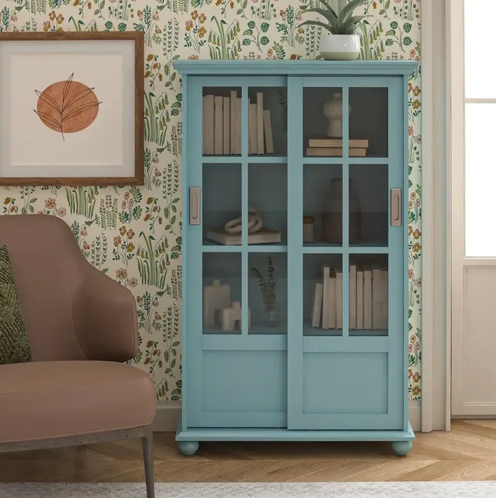 Aaron Lane Light Blue Bookcase with Sliding Glass Doors