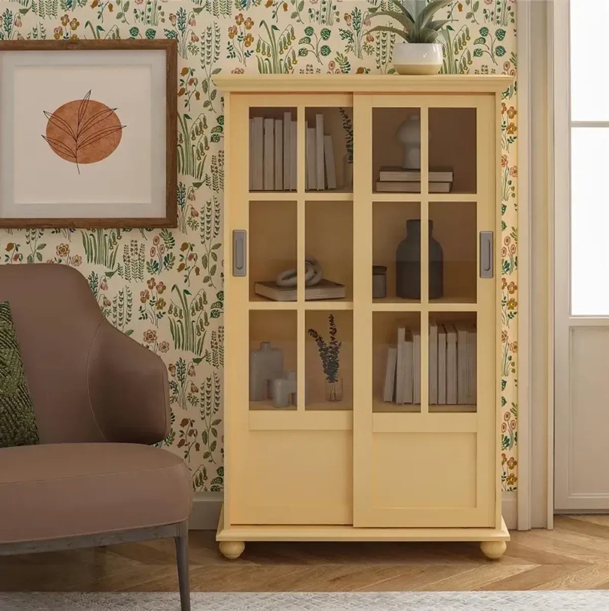 Aaron Lane Yellow Bookcase with Sliding Glass Doors