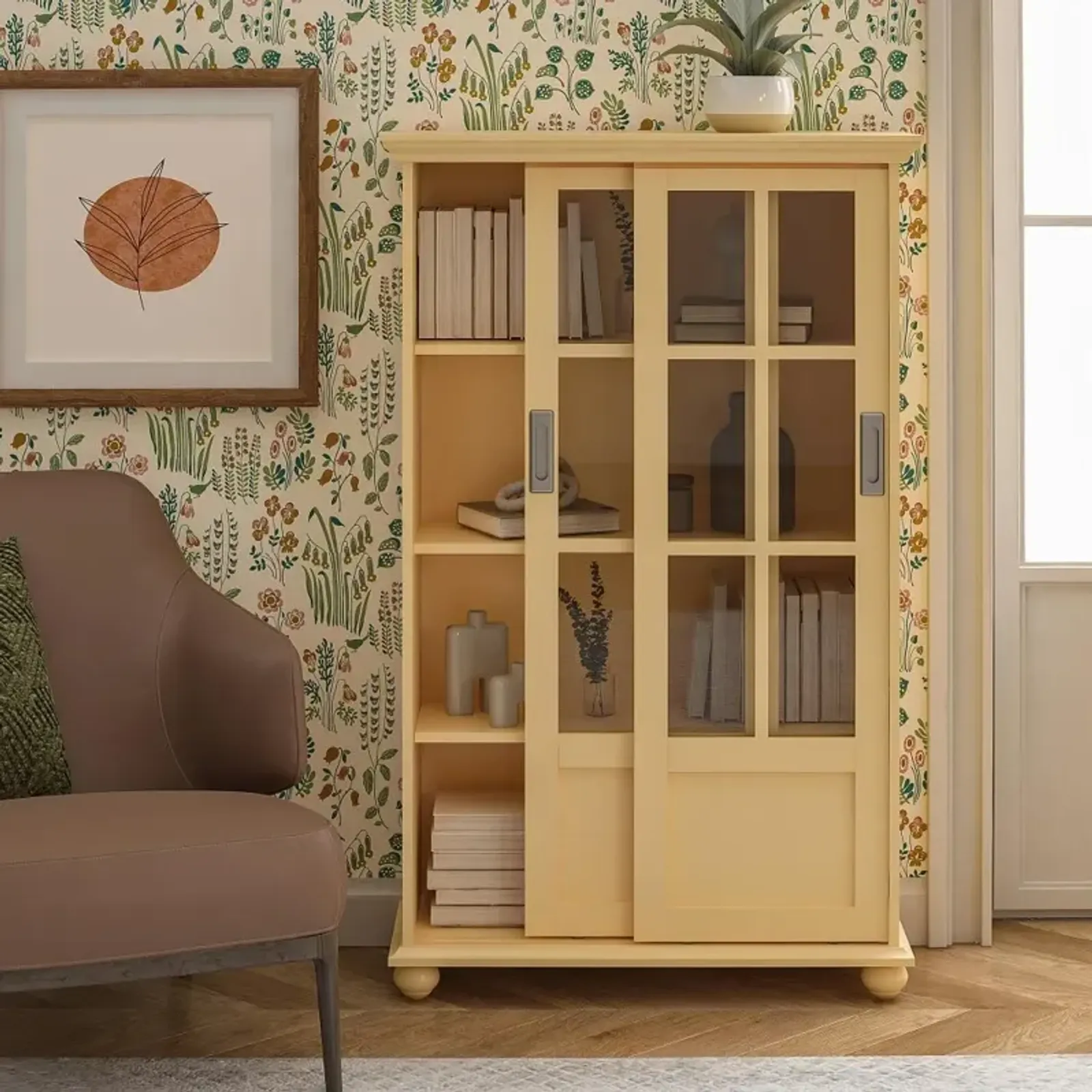 Aaron Lane Yellow Bookcase with Sliding Glass Doors