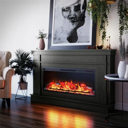 Elmcroft Black Wide Mantel with Linear Electric Fireplace